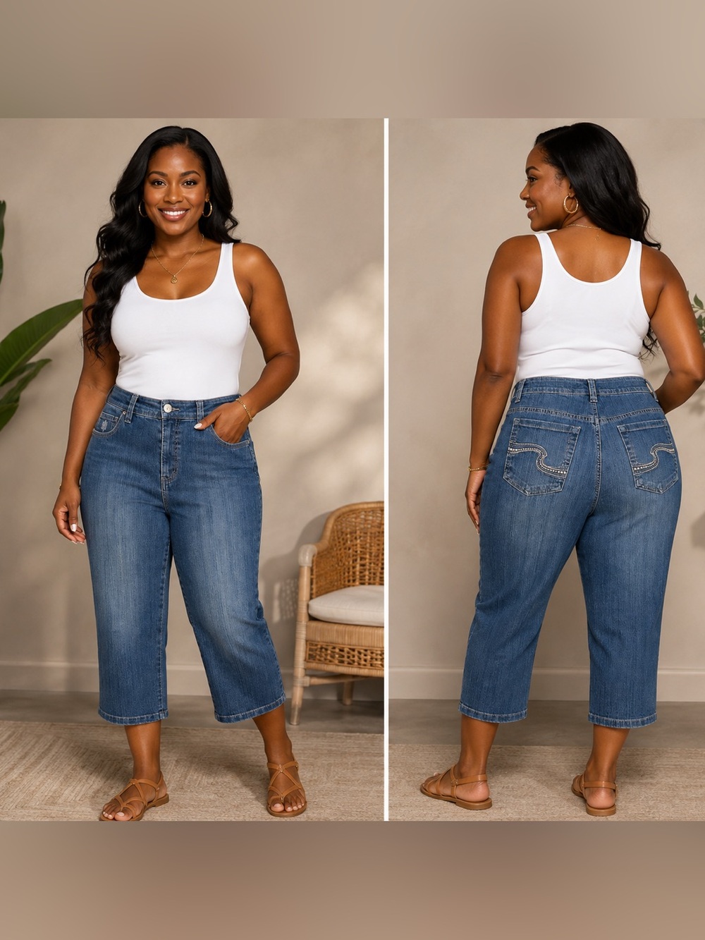Gloria Vanderbilt Amanda Capri Jeans Women 12 Blue Denim Rhinestone Stretch Crop
